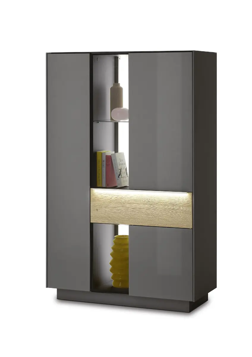 Highboard - mit Beleuchtung, B ca. 96 cm, Anthrazit, Eiche massiv