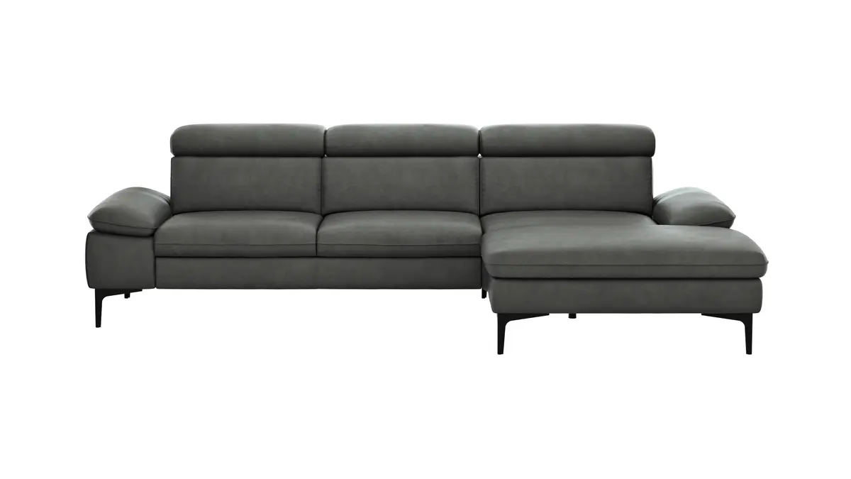 Ecksofa Felipa - 2,5-Sitzer mit Longchair rechts inkl. Kopfteil verstellbar, Leder, Grau