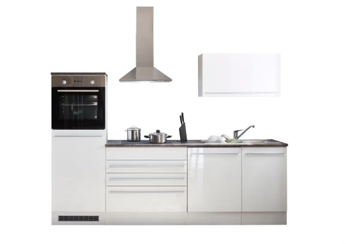 Küchenblock- Inkl. E-Geräte, B ca. 260 cm, Weiß Matt, Weiß Hochglanz