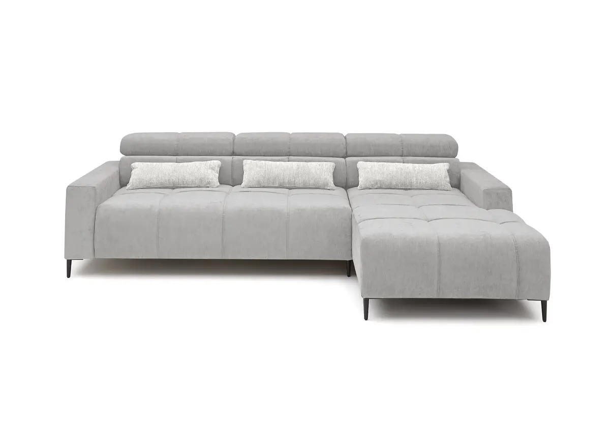 Ecksofa - 2-Sitzer mit Longchair rechts, Sitztiefe verstellbar motorisch/Kopfteil verstellbar, Stoff, Silbergrau