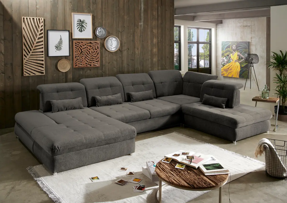 Wohnlandschaft -  Schlaffunktion mit 2 Bettkästen, Longchair links, 2-Sitzer, Ecke rechts, Microfaser, Dunkelgrau