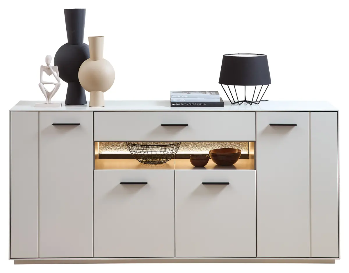 Sideboard -  mit Beleuchtung, Creme Lack, Absetzung: Granit Steinfurnier