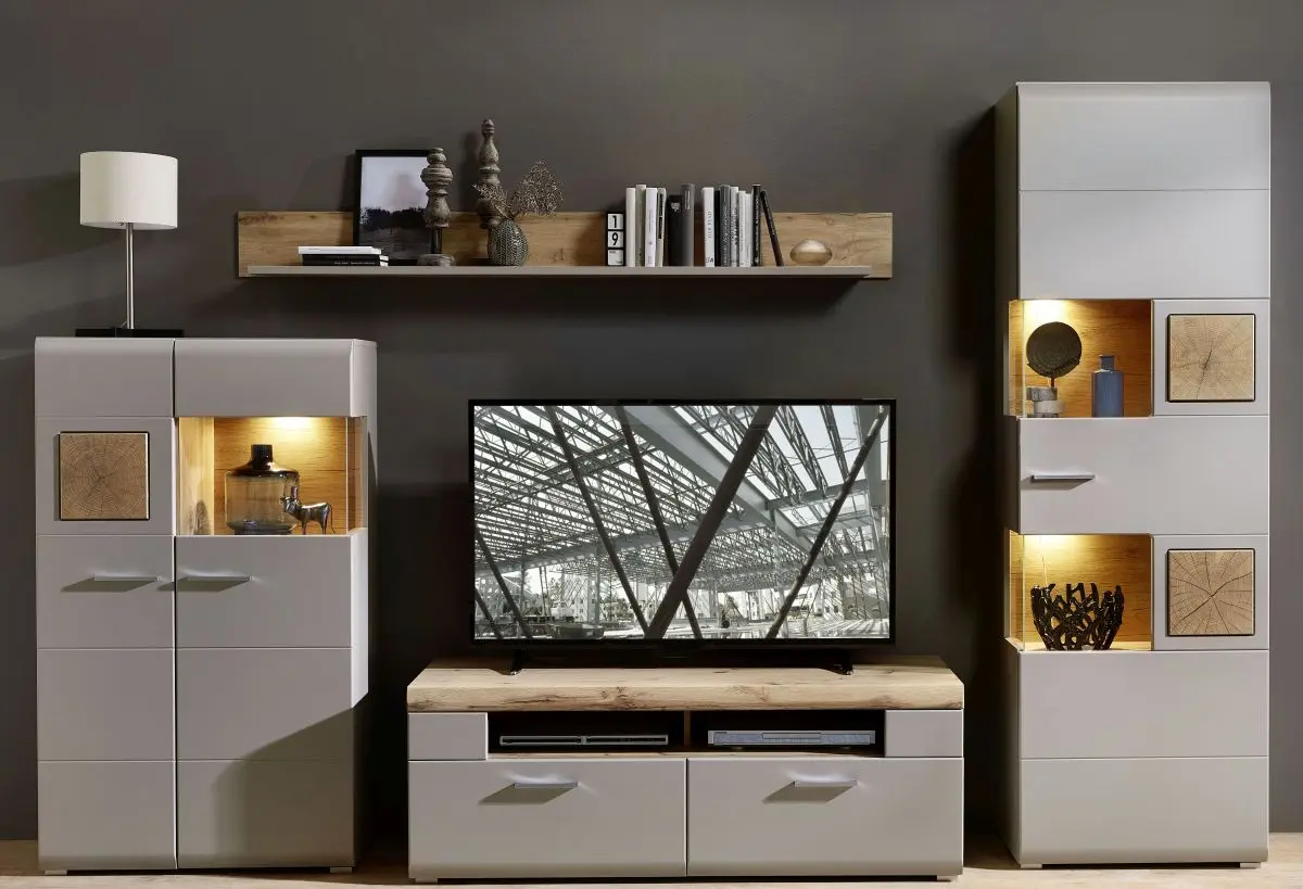 Wohnwand - mit Beleuchtung, Grau