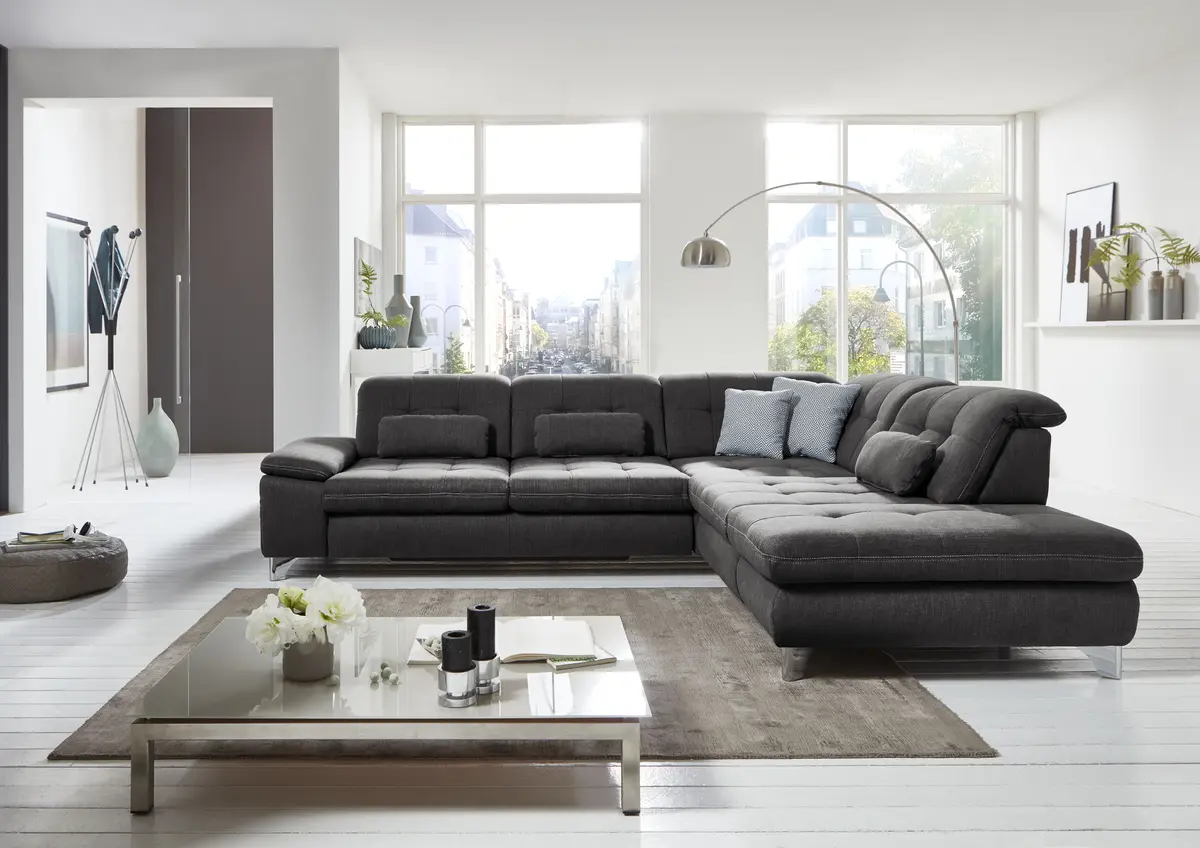 Ecksofa - 3-Sitzer mit Ecke rechts, Sitztiefe verstellbar, Stoff, Schwarz