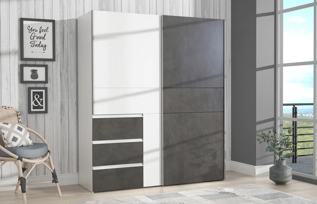 Schwebetürenschrank FJOLLA - B ca. 170,3 cm, Weiß, Betonoptik Dunkelgrau