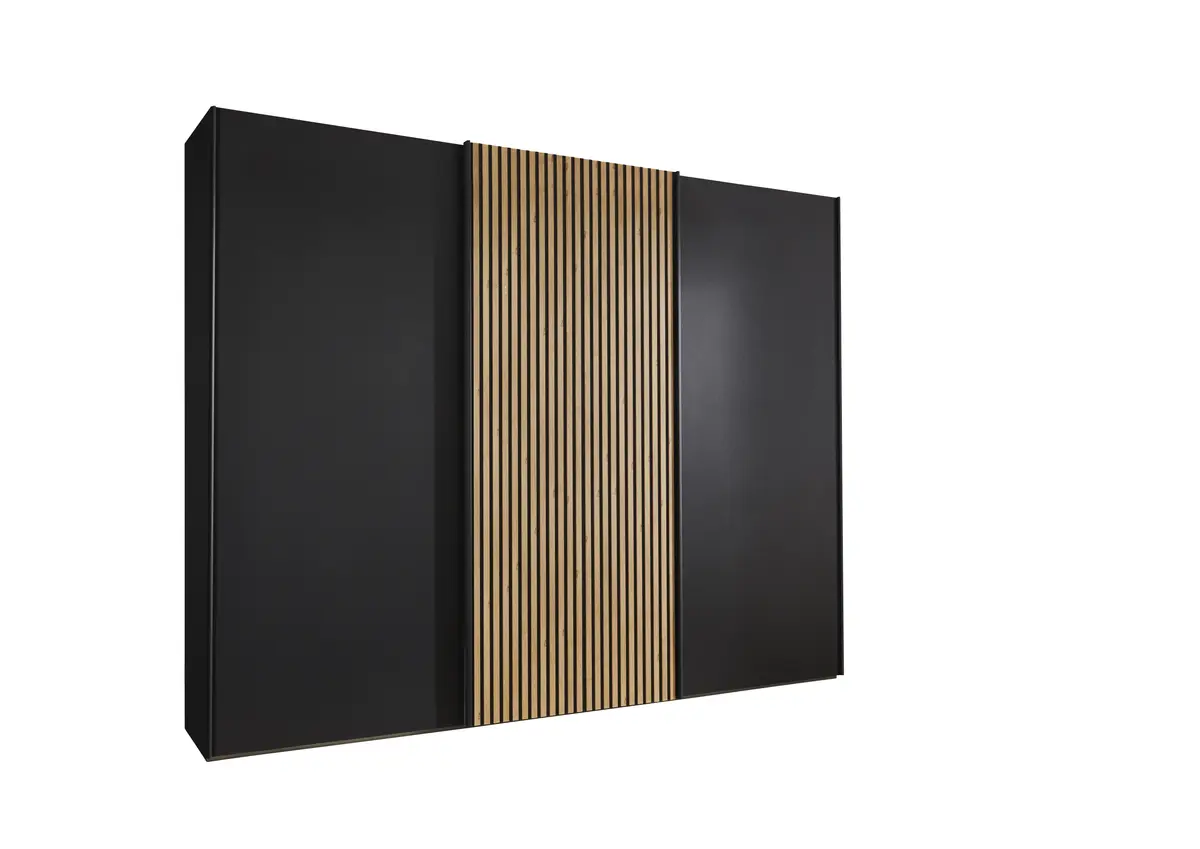 Schwebetürenschrank - B. ca. 250 cm, Lamellentür Bianco Eiche, Graphit