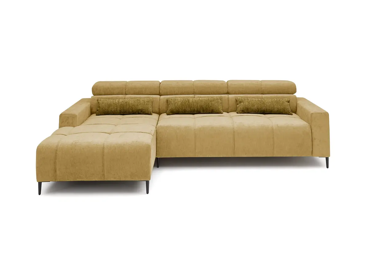 Ecksofa - Longchair links mit 2-Sizer, Sitztiefe verstellbar motorisch/Kopfteil verstellbar, Stoff, Senfgelb