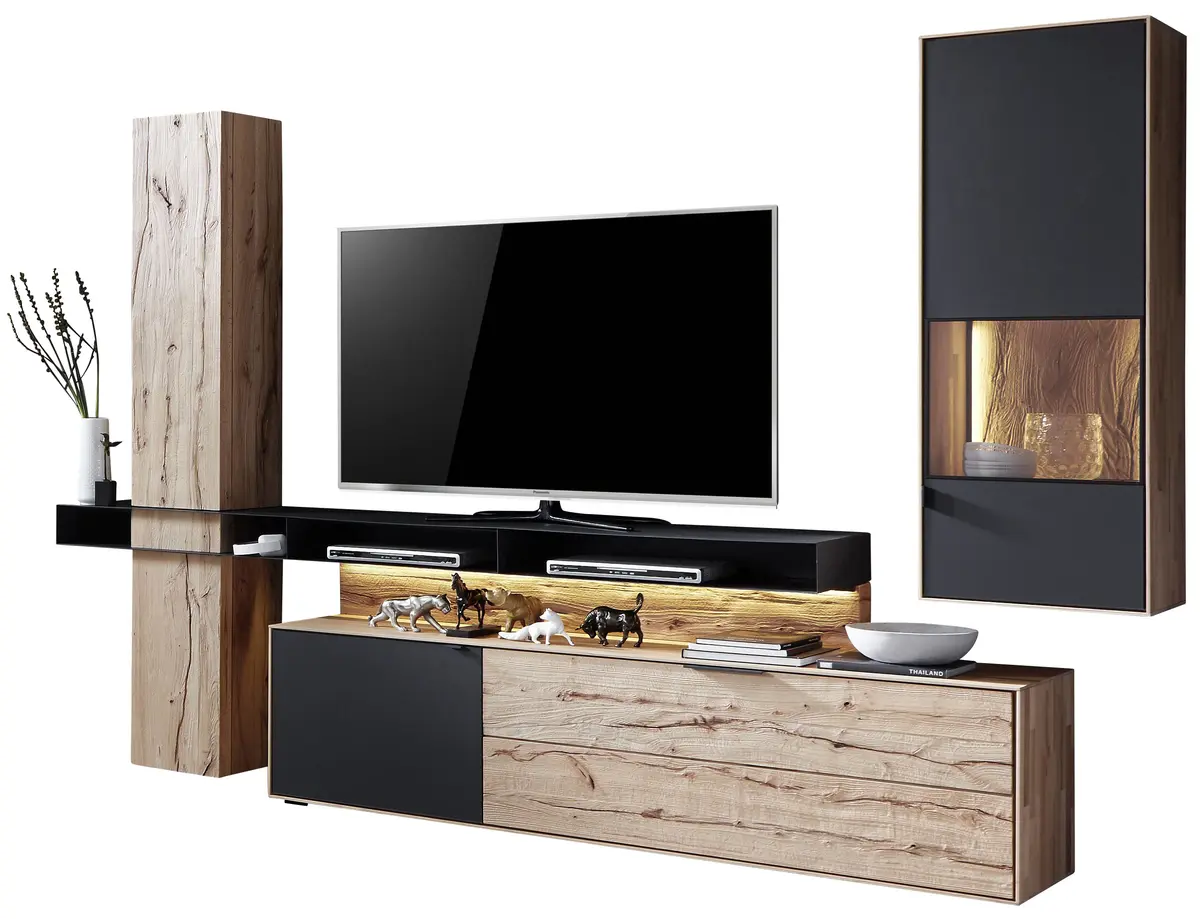 Wohnwand - mit Beleuchtung, Riffbuche massiv, Mattglas, Anthrazit