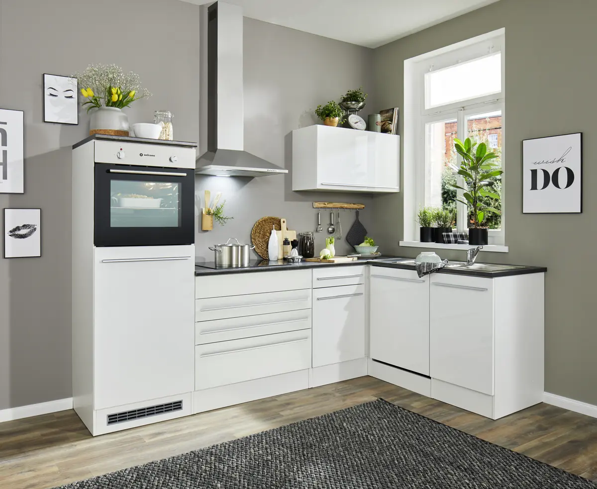 Küchenblock Eck- Inkl. E-Geräte, B ca. 260 cm, Weiß Matt, Weiß Hochglanz