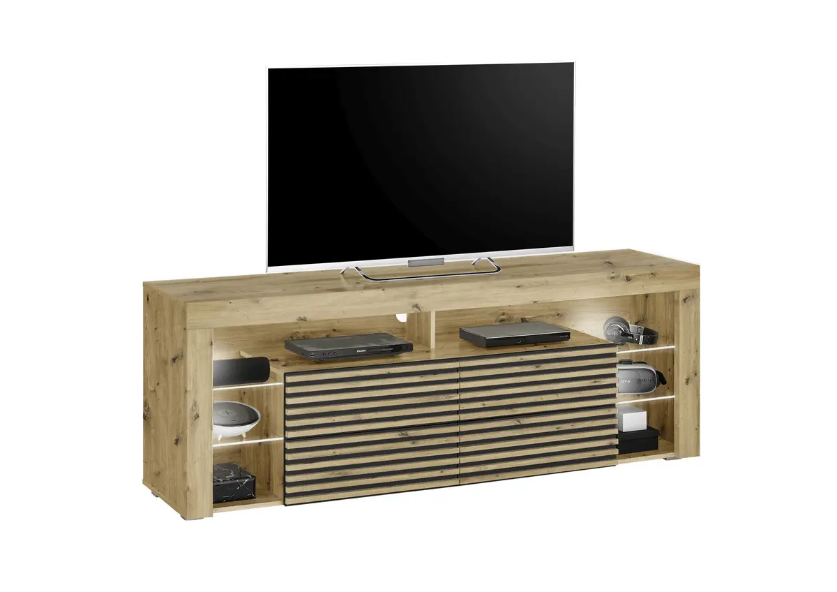 TV-Lowboard - mit Beleuchtung, B ca. 179 cm, Artisan Eiche Nachbildung, Schwarz