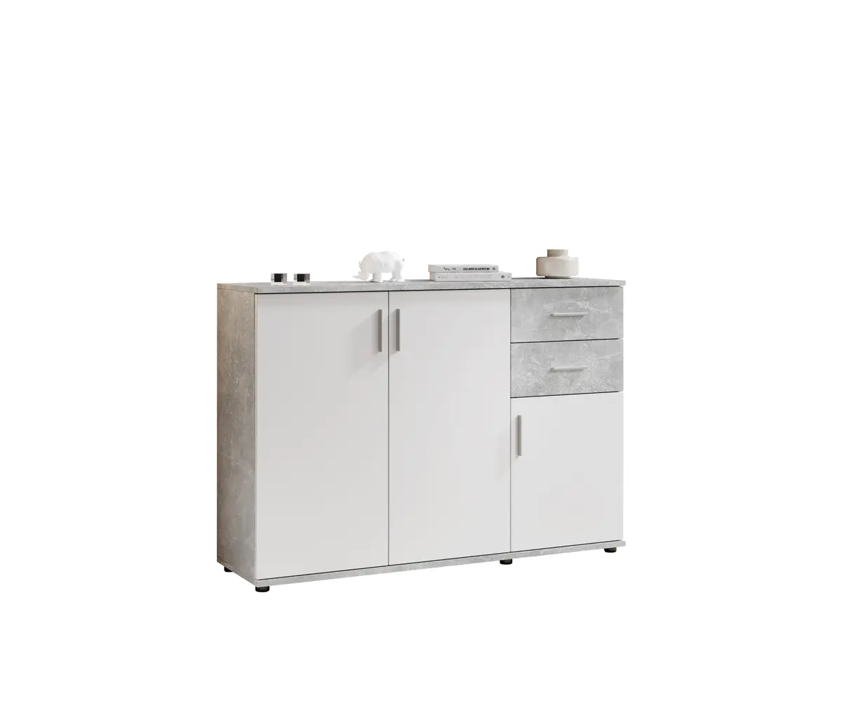 Kommode - B ca. 120 cm, Betonoptik, Weiß