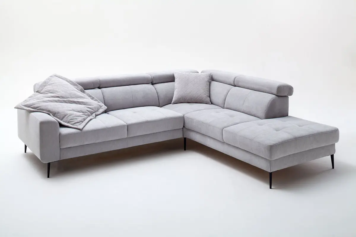 Ecksofa - 2-Sitzer mit Ecke rechts, Kopfteil verstellbar, Stoff, Silbergrau