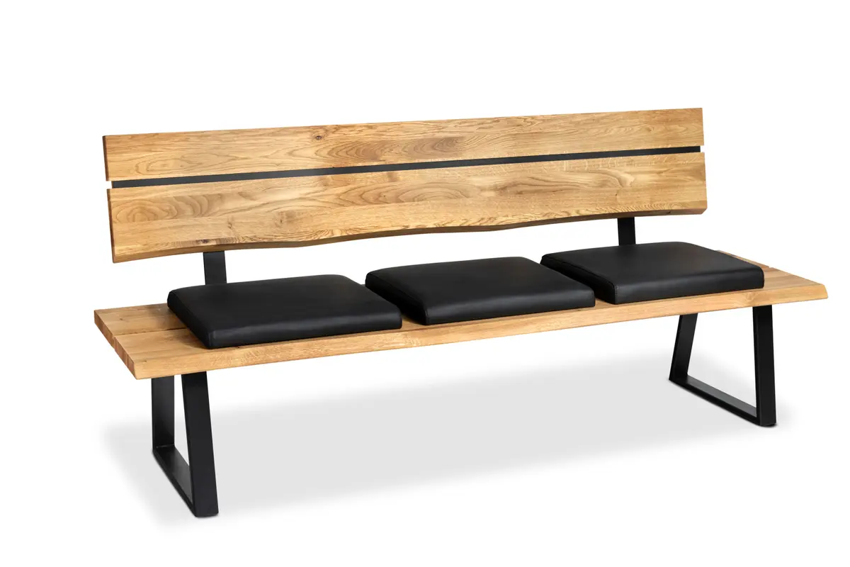 Bankteil - Breite ca. 200 cm, Wildeiche massiv, inkl. Sitzpolster, Leder, Schwarz