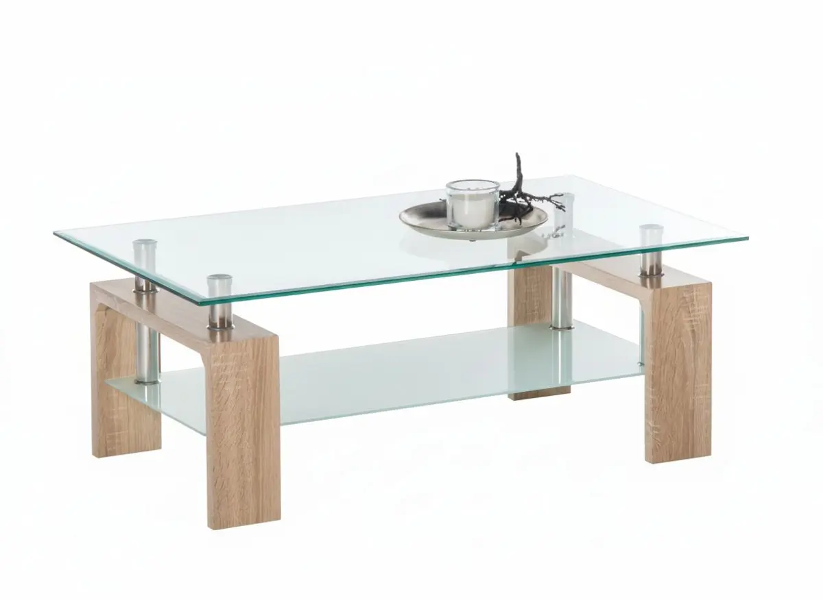 Couchtisch - B/H/T ca. 100x46x60 cm, Glas, Eiche Dekor