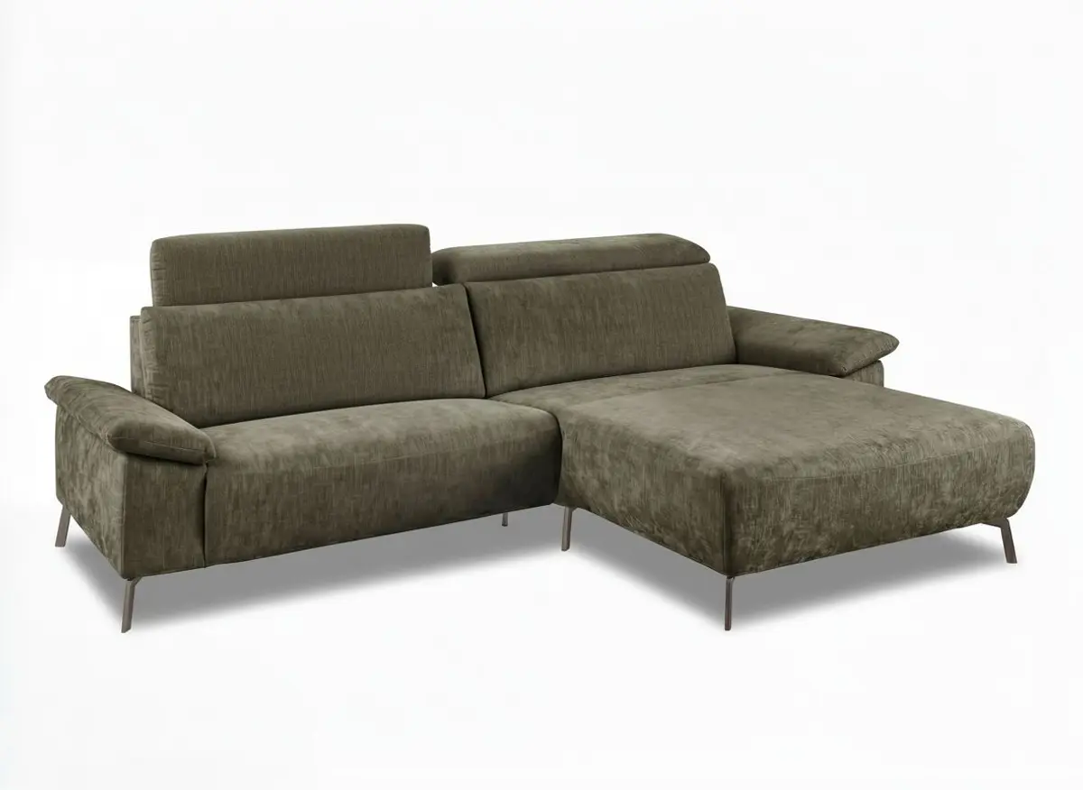 Ecksofa - 1,5-Sitzer mit Longchair rechts, Kopfteil verstellbar, Stoff, Olivgrün