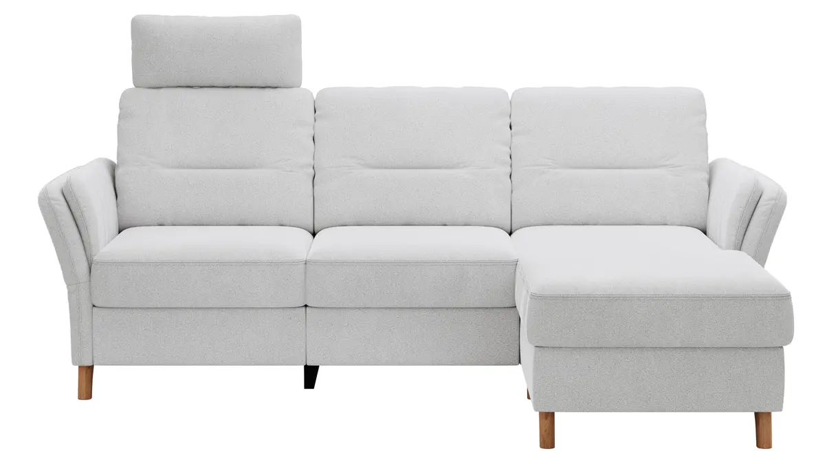 Ecksofa Vayra - 2,5-Sitzer mit Longchair rechts, inkl. Relaxfunktion (motorisch) und Kopfstütze verstellbar (manuell), Stoff, Offwhite