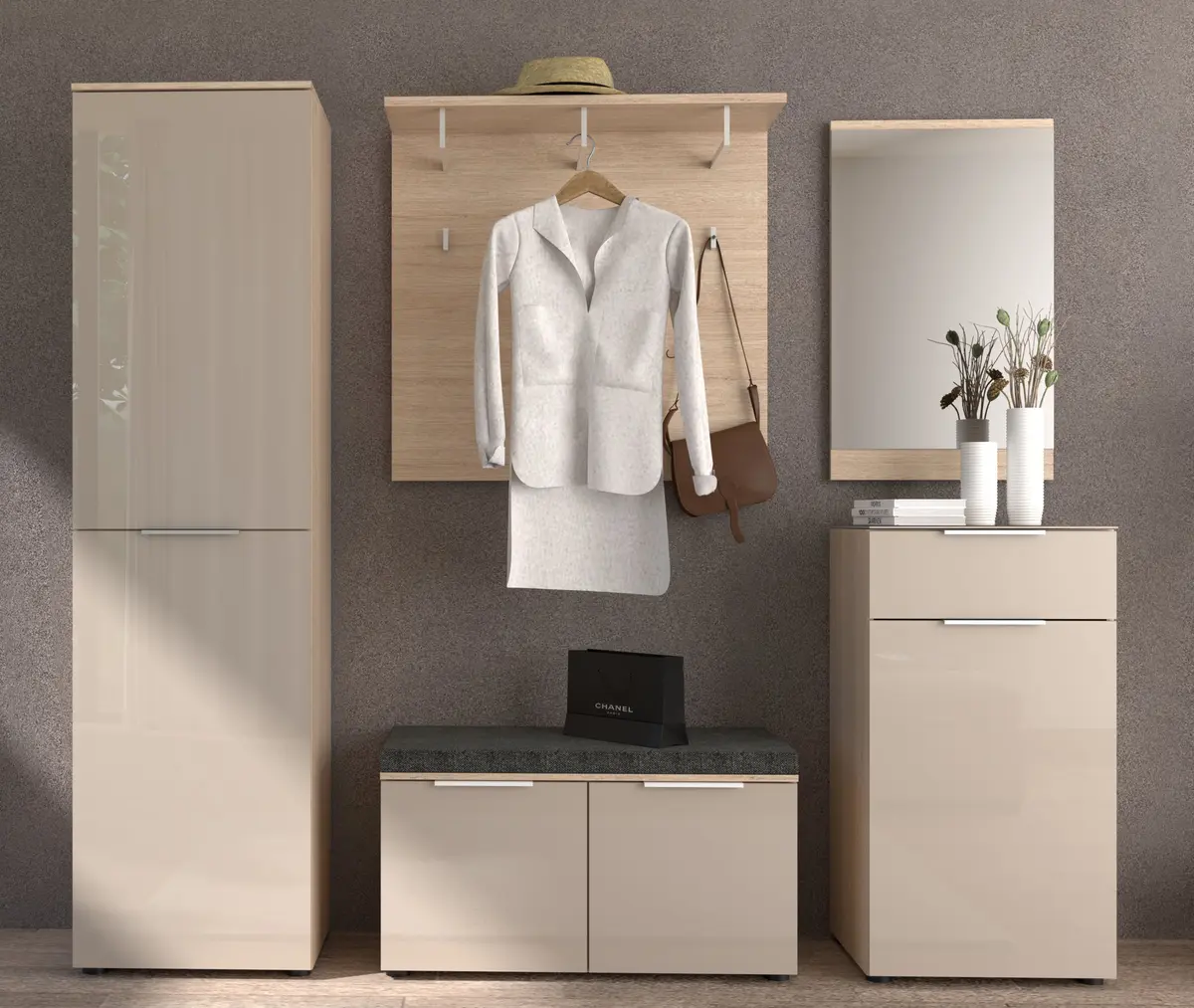 Garderobe - inkl. Sitzkissen, Riva Eiche Nachbildung, Kaschmir