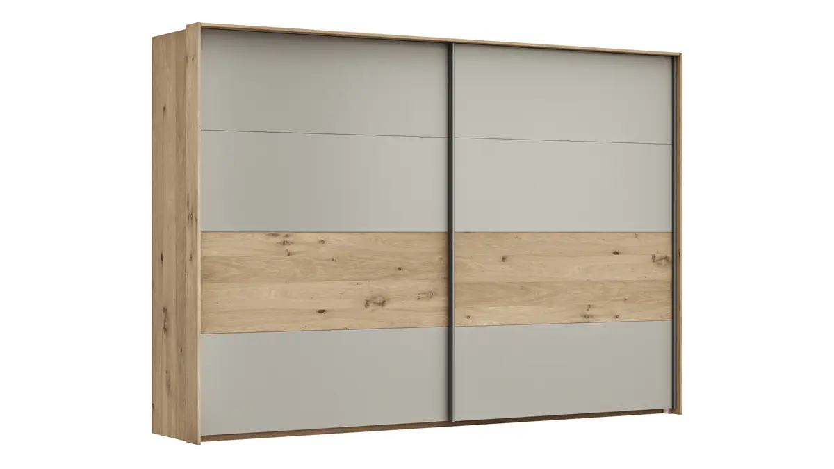 Schwebetürenschrank Viana - B ca. 308 cm, Furnier, Balkeneiche, Hellgrau
