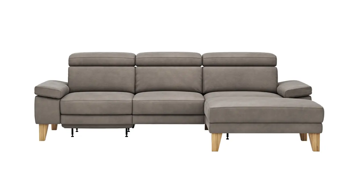 Ecksofa Hudson - 2,5-Sitzer mit Longchair rechts, inkl. Kopfteil/Armlehne verstellbar und Relaxfunktion (motorisch), Stoff, Steingrau