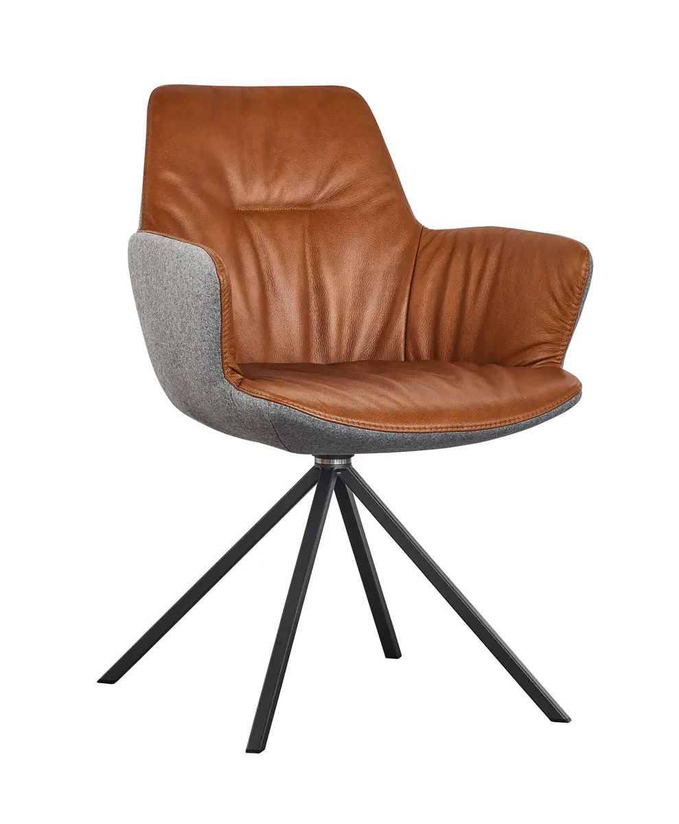 Armlehnstuhl Pegara - Stoff, Hellgrau, Leder, Cognac