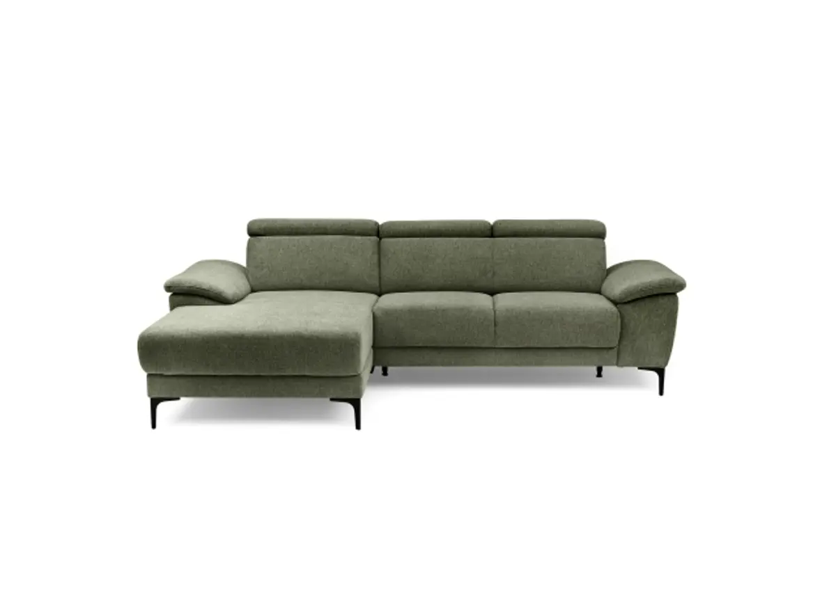 Ecksofa EZRA - Ecke links, 2-Sitzer inkl. Kopfteilverstellungen, Stoff, Graugrün