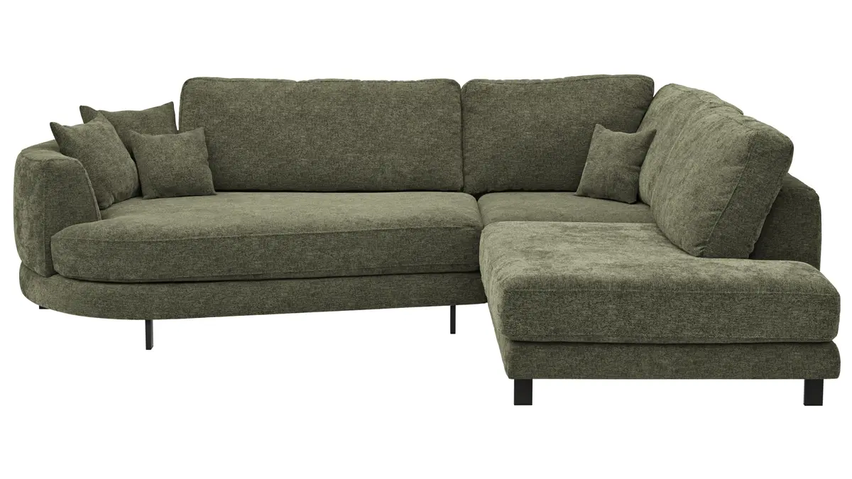 Ecksofa Solenne - Diwan rund links mit Ottomane rechts, Stoff, Olive