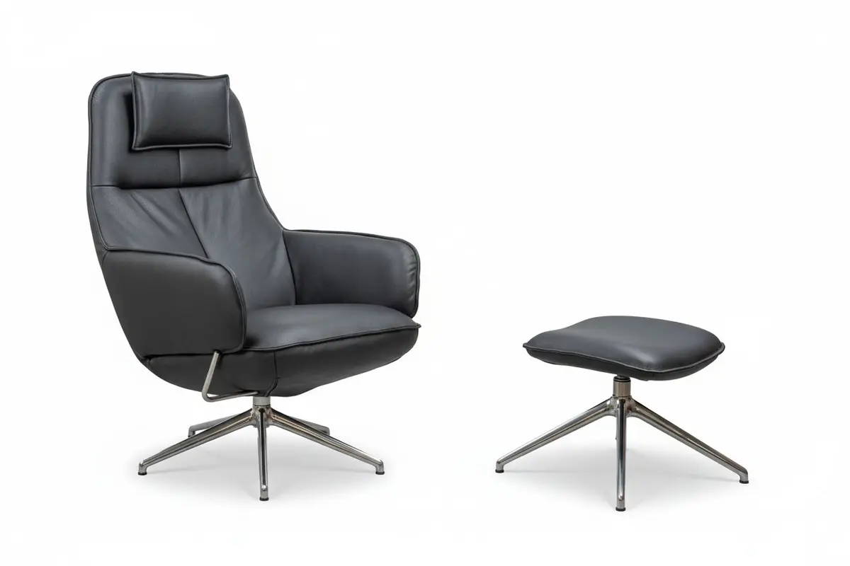 Drehsessel mit Hocker Set - Relaxfunktion, Leder, Schwarz