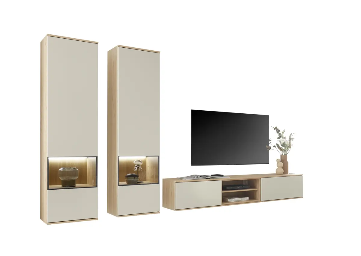 Wohnwand EM Gradina - mit Beleuchtung, Risseiche, Sandbeige