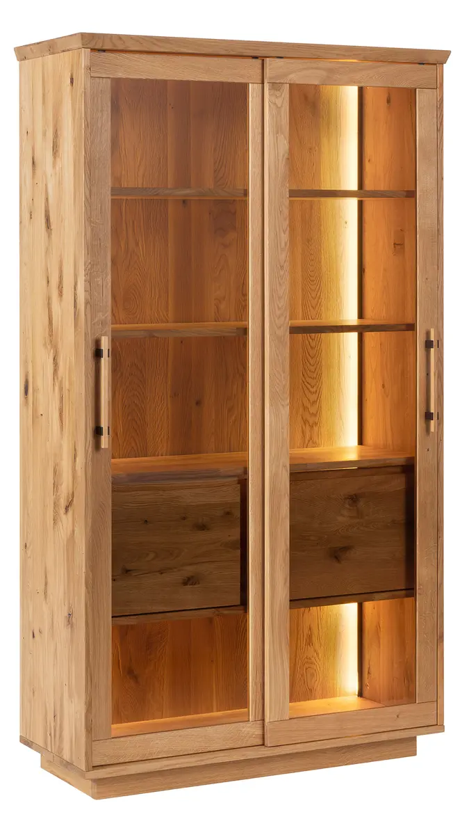 Glasvitrine Oreia - mit LED-Beleuchtung, Wildeiche massiv, natur geölt