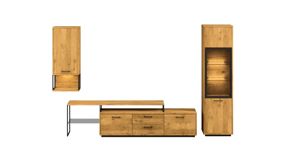 Wohnwand Savannah - inkl. Beleuchtung, Wildeiche massiv, natur geölt