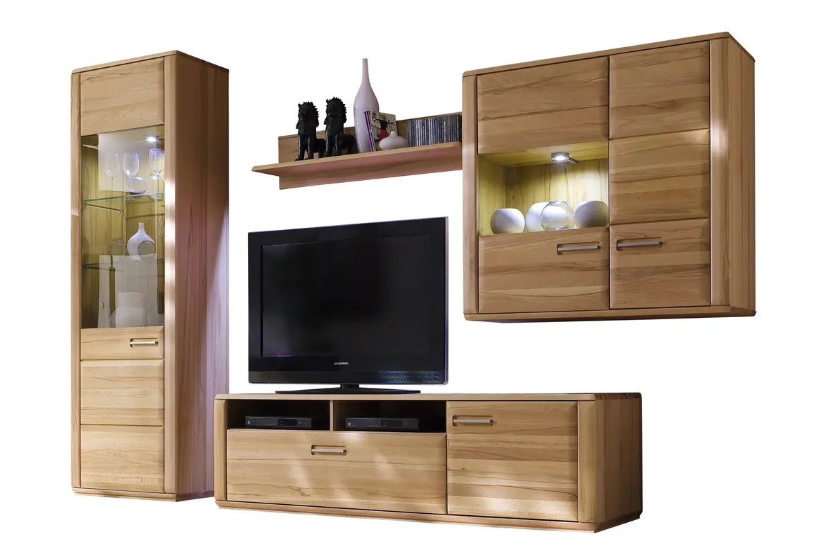 Wohnwand - mit Beleuchtung, Kernbuche teilmassiv