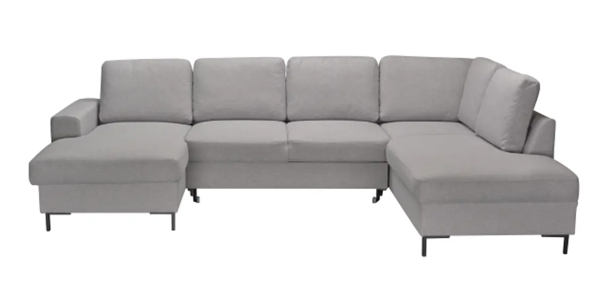 Wohnlandschaft - Longchair links, 2-Sitzer, Ecke rechts inkl. Schlaffunktion und Bettkasten, Stoff, Hellgrau