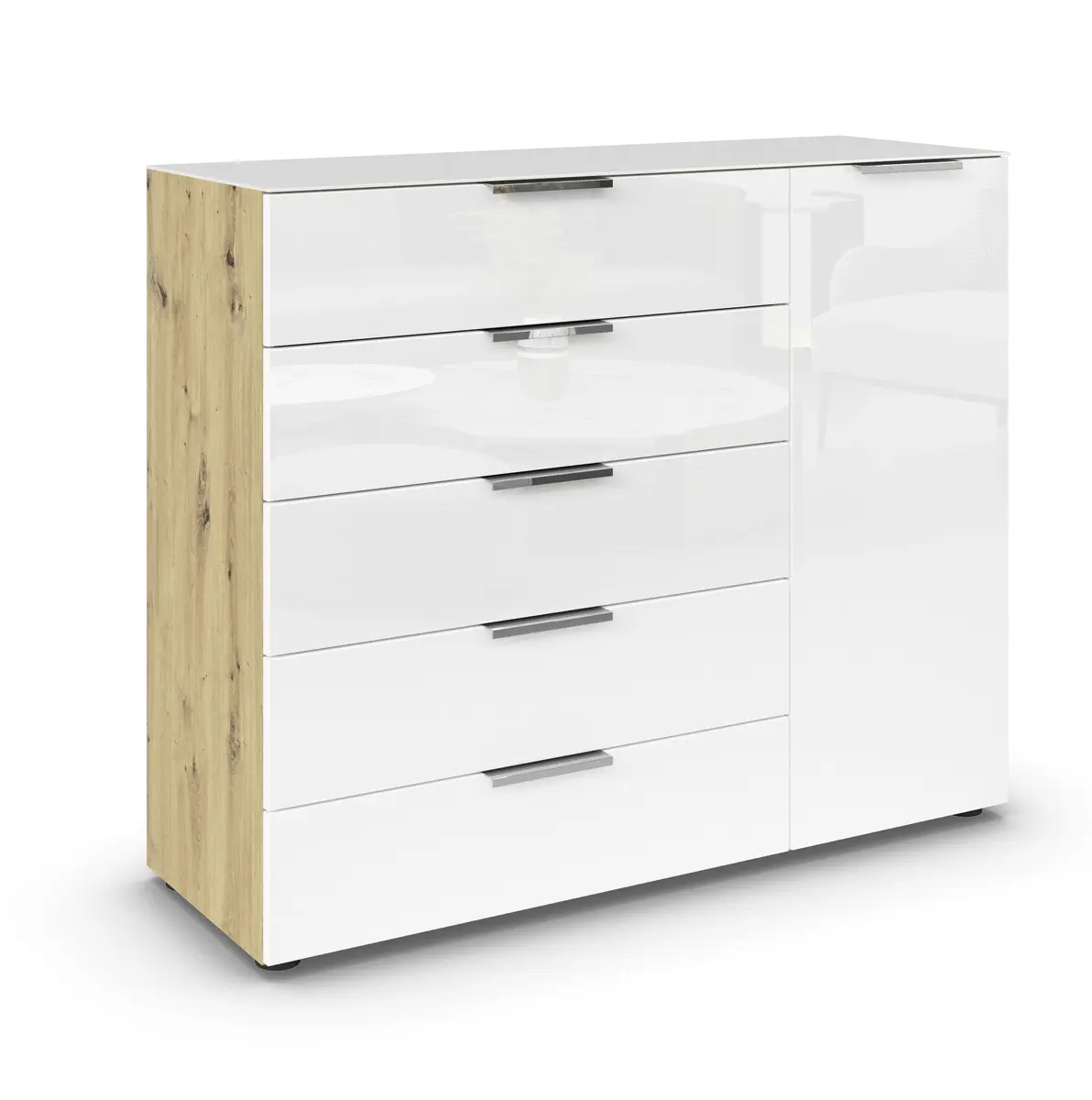 Kommode RIPP- Eiche Dekor, Glas, Weiß