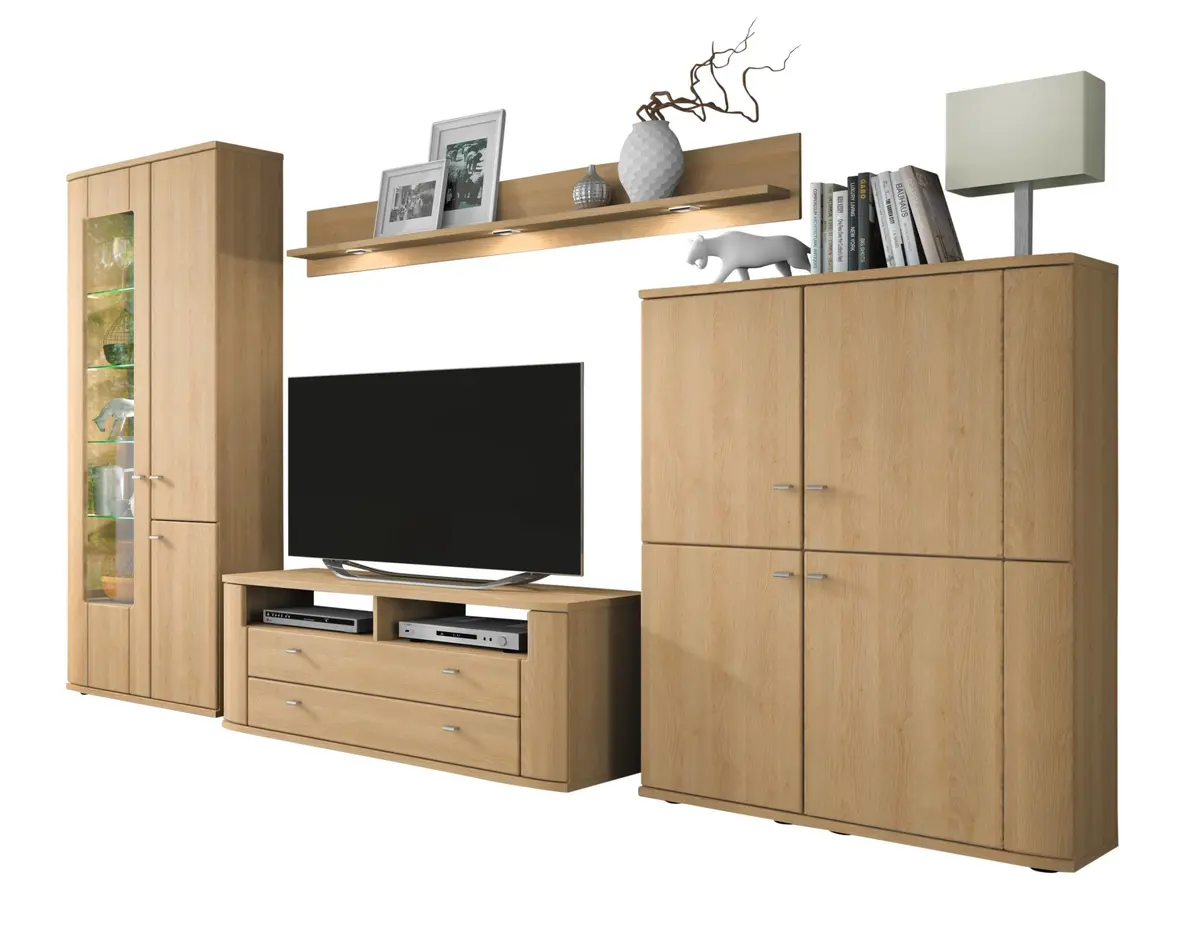 Wohnwand - mit Beleuchtung, Eiche