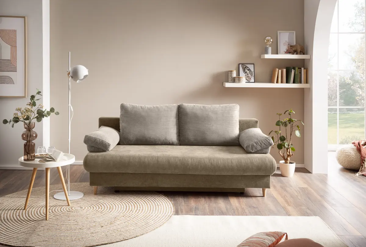 Schlafsofa - 2-Sitzer inkl. Schlaffunktion und Bettkasten, Stoff, Hellbraun