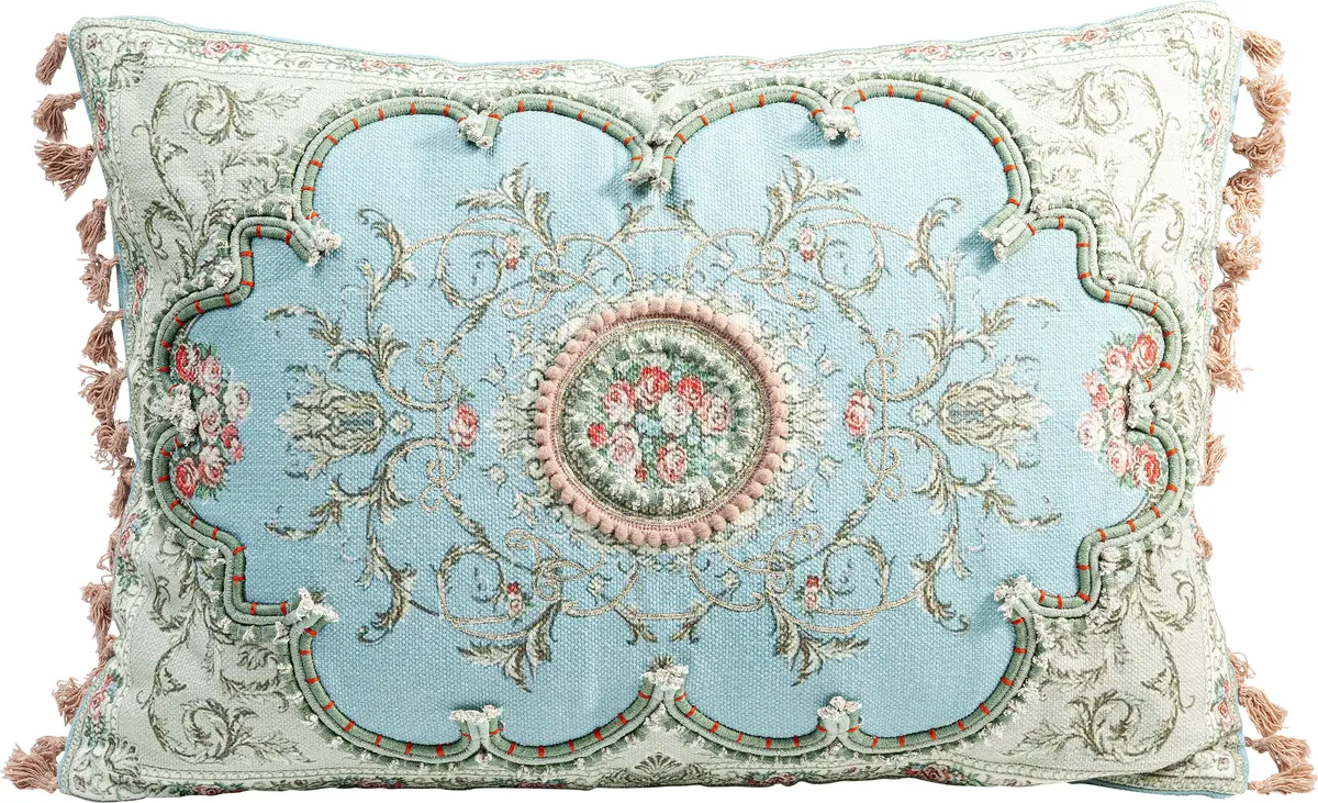 Deko-Kissen - LB ca. 60x40 cm,  Blütenmotiv, Ornamente, Weiß, Blau