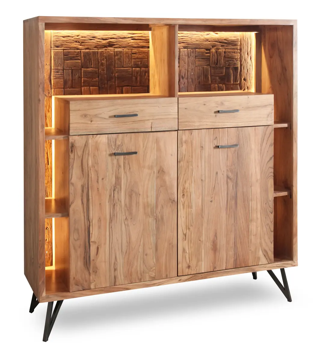 Highboard - mit Beleuchtung, B ca. 145 cm, Akazie massiv