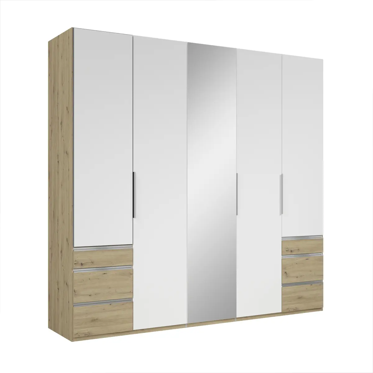 Drehtürenschrank- B ca. 250 cm, Eiche Dekor, Weiß, Spiegel