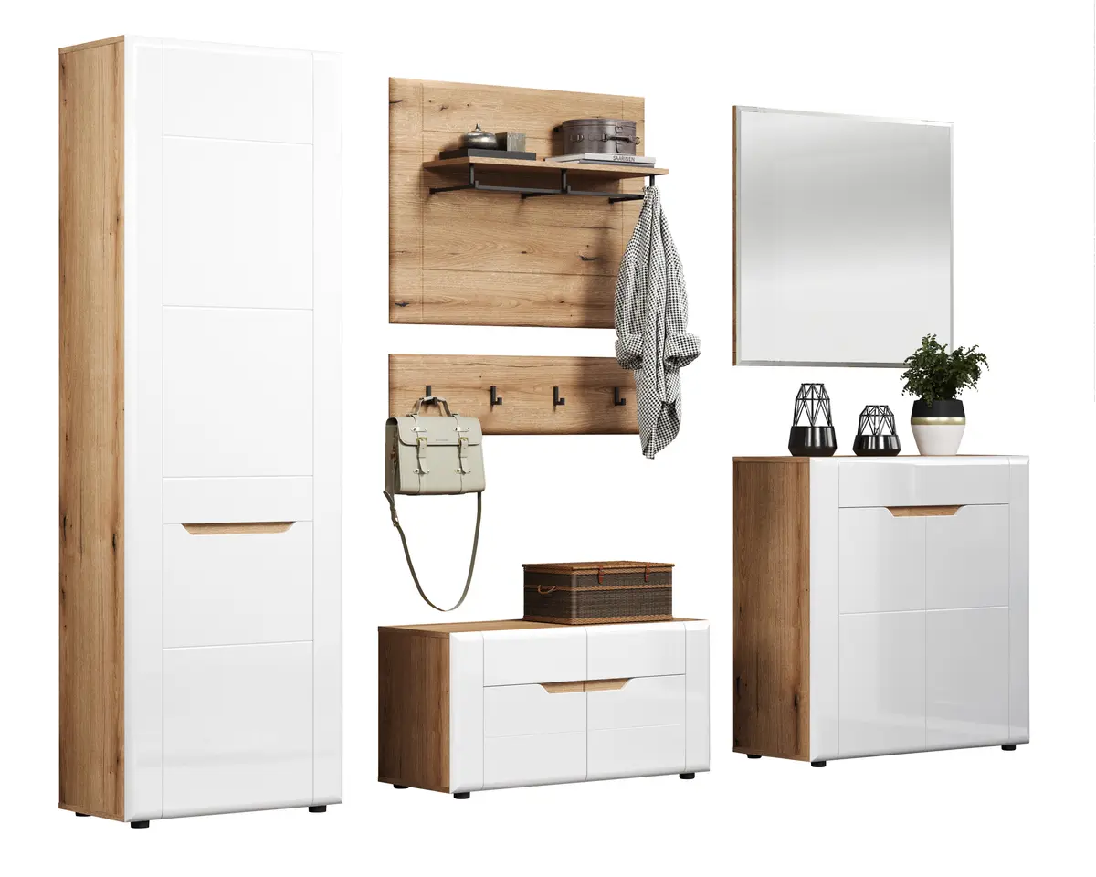 Garderobenkombination - Eiche Evoke Nachbildung, Weiß Hochglanz