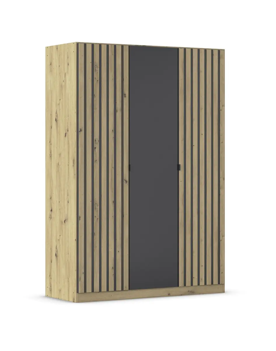 Drehtürenschrank RUERTO- B ca. 136 cm, Eiche Dekor, Dunkelgrau, Paneel, Eiche Dekor