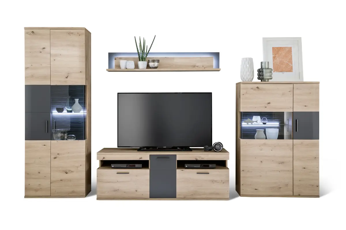 Wohnwand - mit Beleuchtung, Balkeneiche 