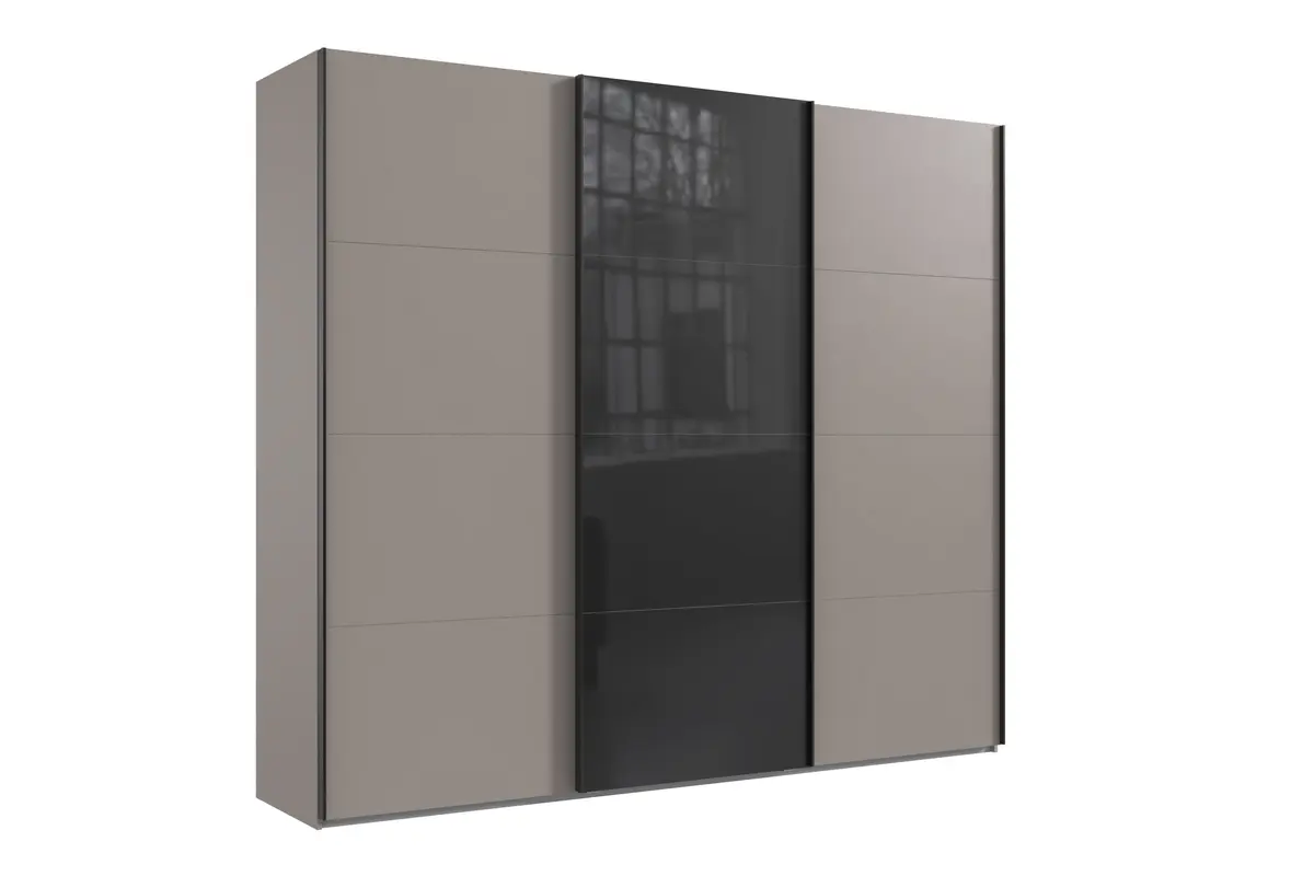 Schwebetürenschrank- B ca, 270 cm, Grau, Glas, Schwarz