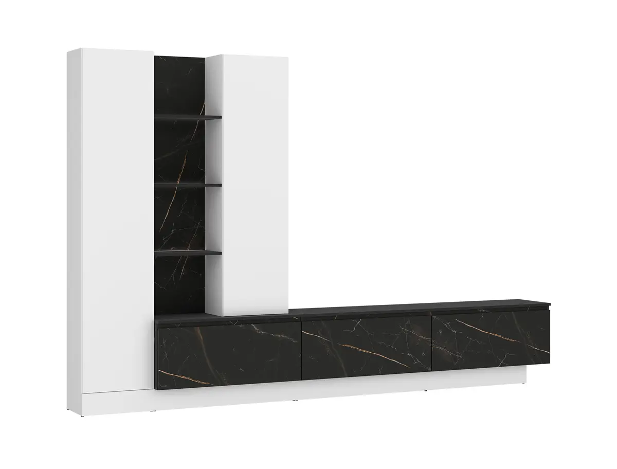 Wohnwand - mit Beleuchtung, Alpinweiß, Keramikoptik