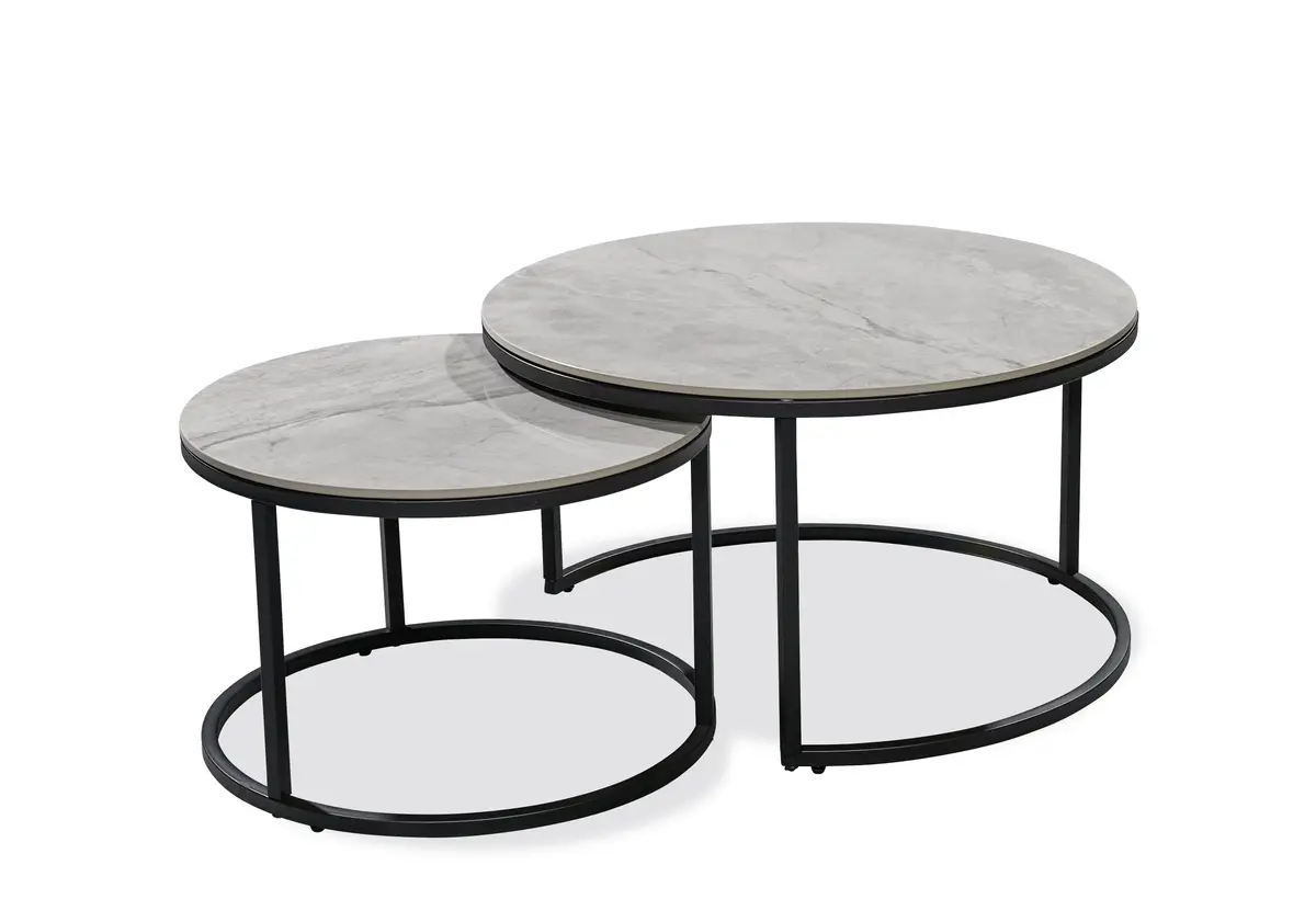 Couchtisch - 2er Set, Grau marmoriert, Schwarz