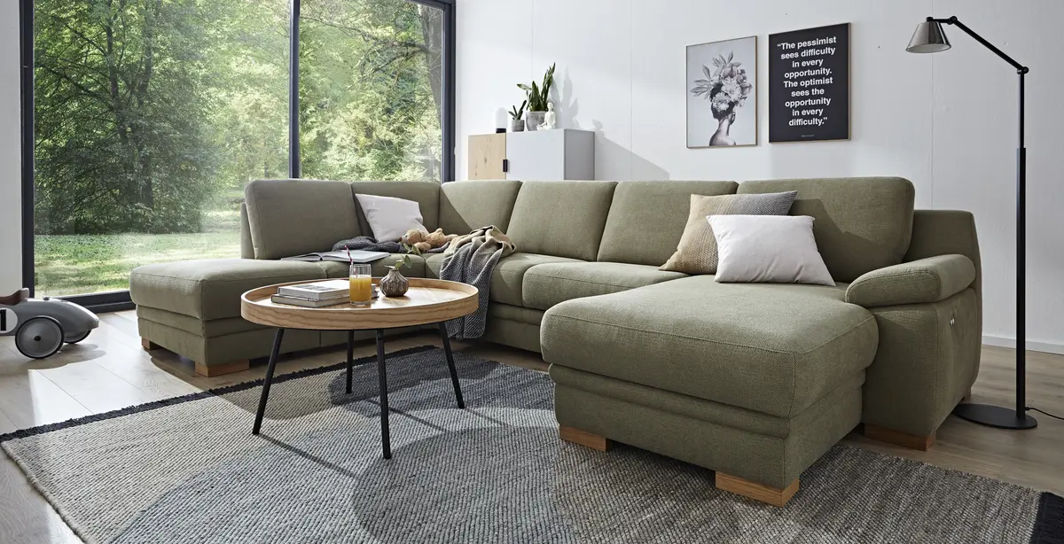 Wohnlandschaft Tavira - Ecke links mit 2,5-Sitzer und Longchair rechts, Stoff, Olivgrün
