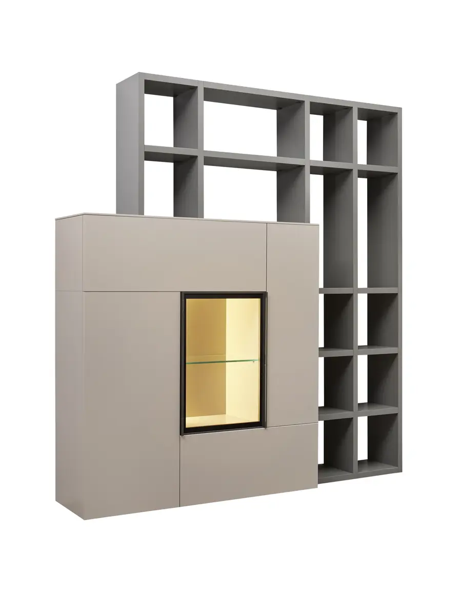 Wohnwand Satola - inkl. Beleuchtung, Lack matt taupe, Lack anthrazit