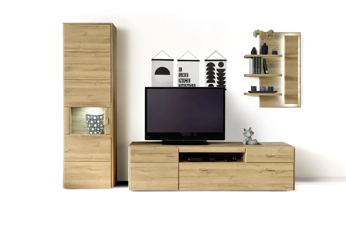 Wohnwand - mit Beleuchtung, Eiche