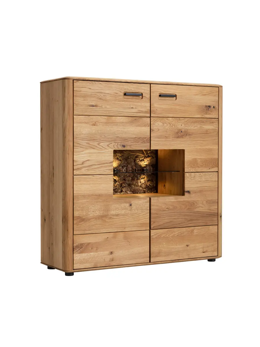 Highboard Vigo - inkl. Beleuchtung, Wildeiche massiv, Natur geölt