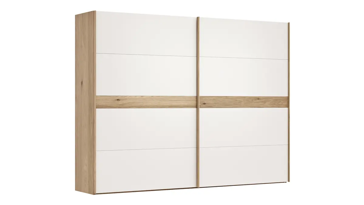 Schwebetürenschrank Viana - B ca. 301 cm, Lack, Weiß, Riffholz, Balkeneiche