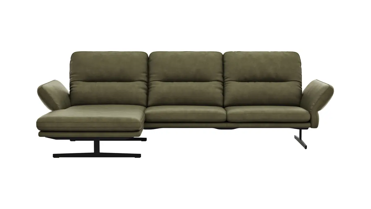 Ecksofa  Alexander - Longchair links mit 3-Sitzer inkl. Kopfstütze/Armlehne verstellbar, Leder, Olive